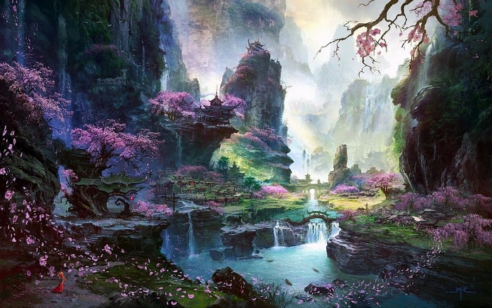 Fantasy landscape with waterfalls and cherry blossoms