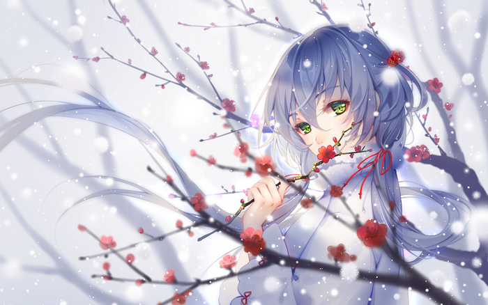 Anime girl with blue hair in winter snow