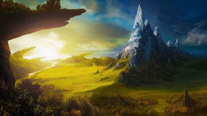 Fantasy landscape with mountains and sunlit valley
