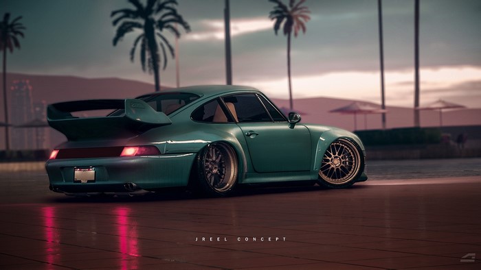 Teal Porsche 993 GT2 on a wet surface with palm trees