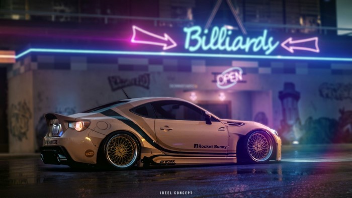 Subaru BRZ with Rocket Bunny kit in front of a Billiards sign