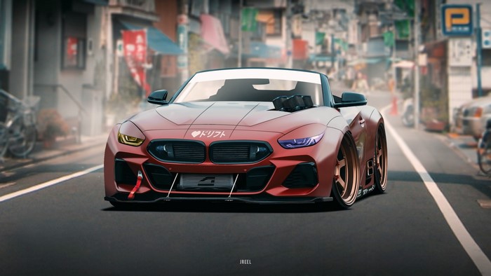 Red BMW Z4 with custom modifications on a street