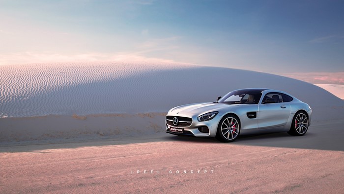 Silver Mercedes-Benz AMG GT S in a desert landscape