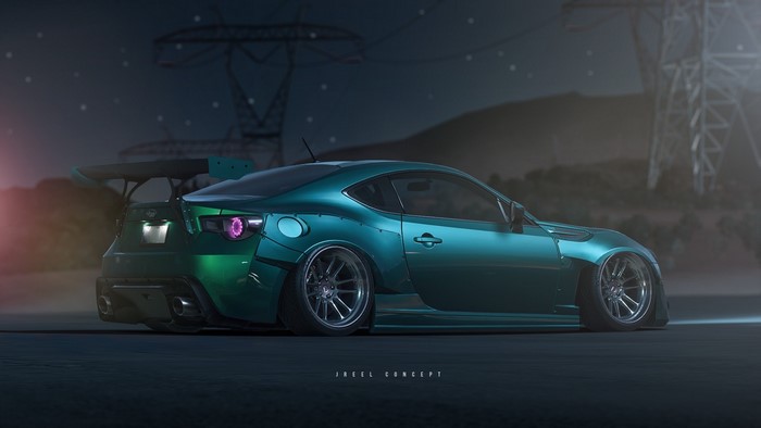 Modified teal Subaru BRZ at night