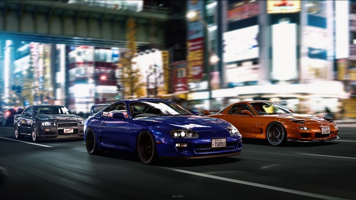 Nissan Skyline R34, Toyota Supra MK4, Mazda RX-7 FD Night Drive