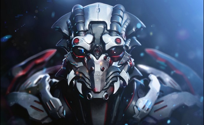 Futuristic robot with red and silver armor