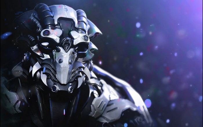 Close-up of a futuristic robot's head