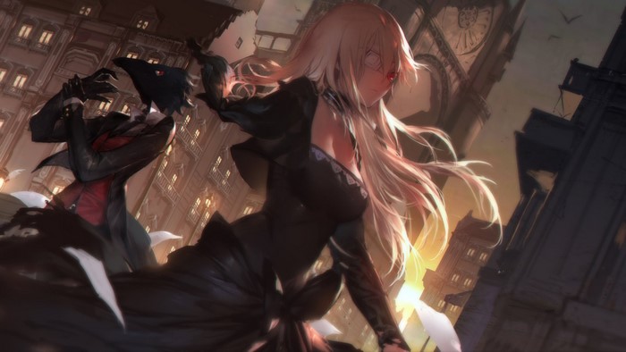 Anime girls with blonde hair in a city
