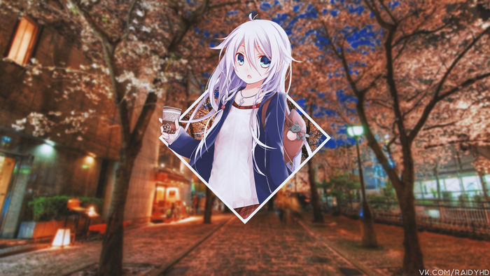 Anime girl with white hair holding coffee cup