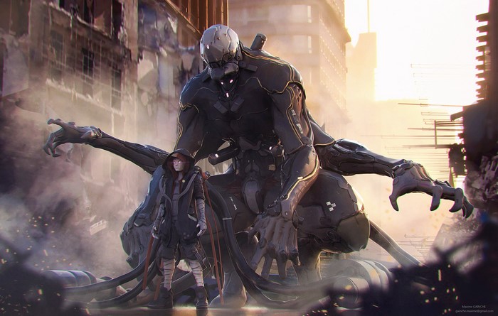 Mech and hooded figure in a destroyed city