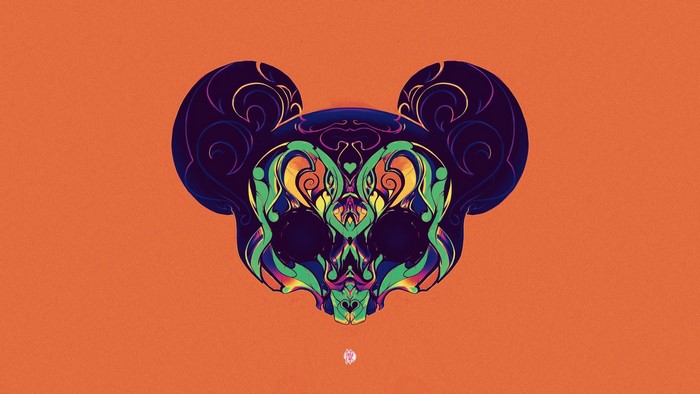 Mickey Mouse skull with ornate details on orange background