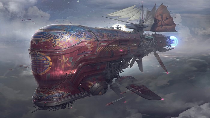 Steampunk airship in the clouds