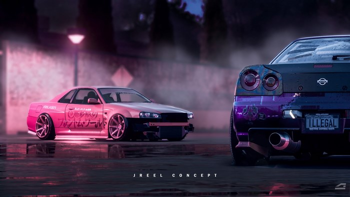 Two Nissan GT-R cars on a wet street at night