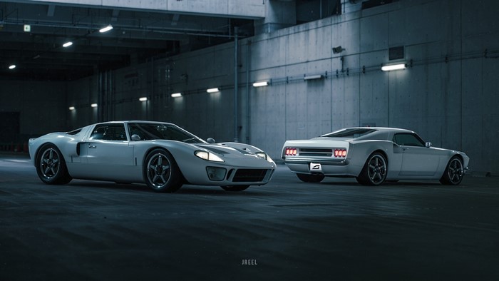 Ford GT and Ford Mustang in a garage