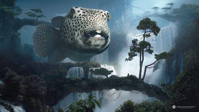 Giant Pufferfish in a Fantasy Waterfall Landscape