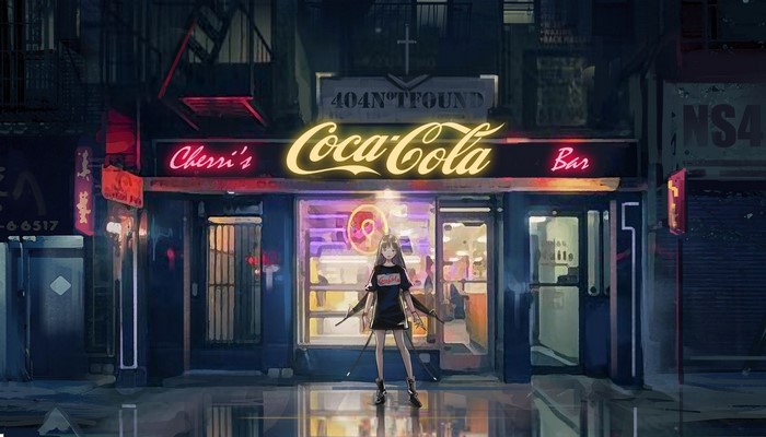 Anime girl in front of Coca-Cola bar