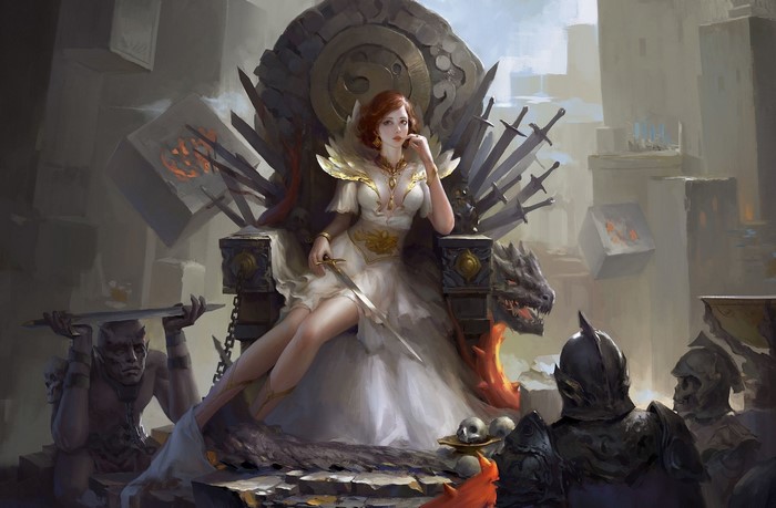 Redhead woman on a throne of swords and dragons