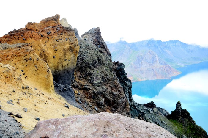 Volcanic mountains and lake in China