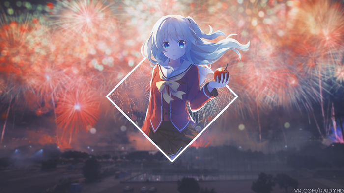 Nao Tomori from Charlotte holding an apple with fireworks