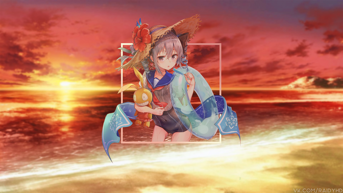 Anime girl in swimsuit with straw hat and plush toy on beach at sunset