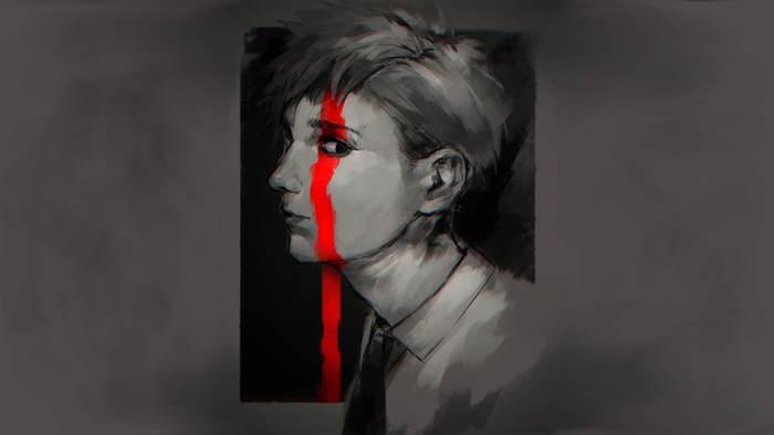 Artwork of a person with red paint on their face