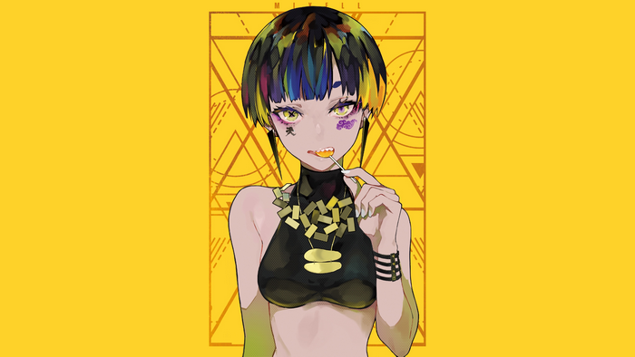 Anime girl with colorful hair eating a lollipop