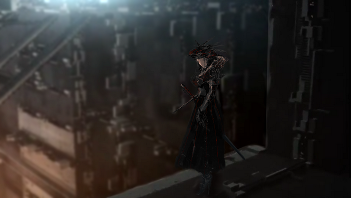 Woman with sword in futuristic city