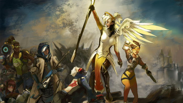 Overwatch characters Mercy, Tracer, Lúcio, Ana, and Soldier: 76 in battle