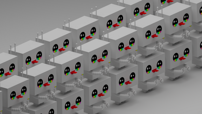 Isometric robots with rainbow eyes in 4K