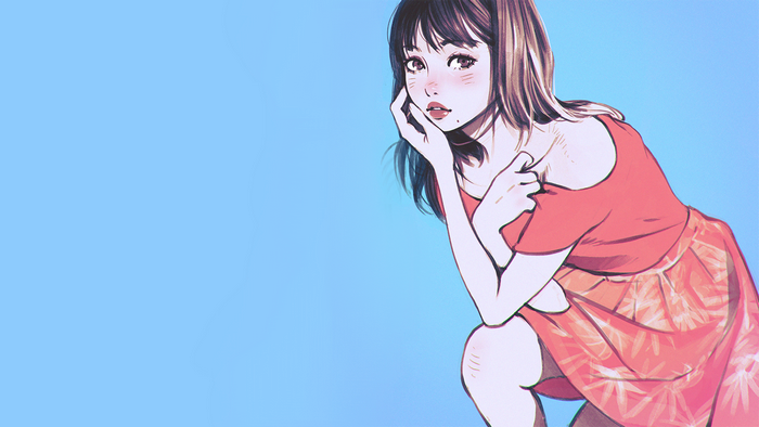 Woman in red dress on cyan background