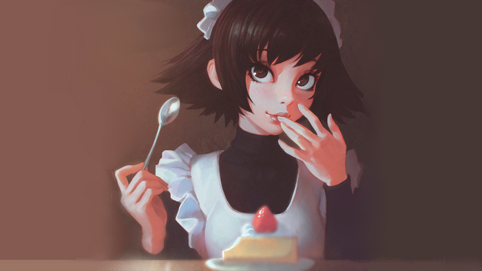 Maid girl eating cake with a spoon