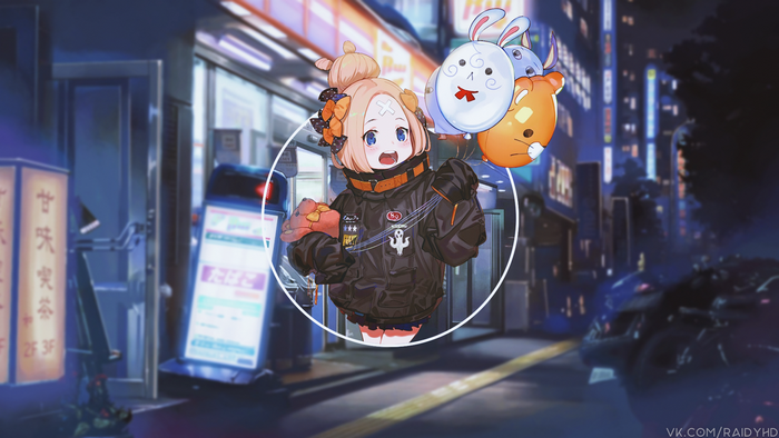 Anime girl with balloons in a city at night