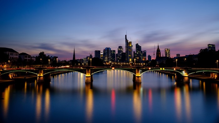 Frankfurt skyline and bridges at night