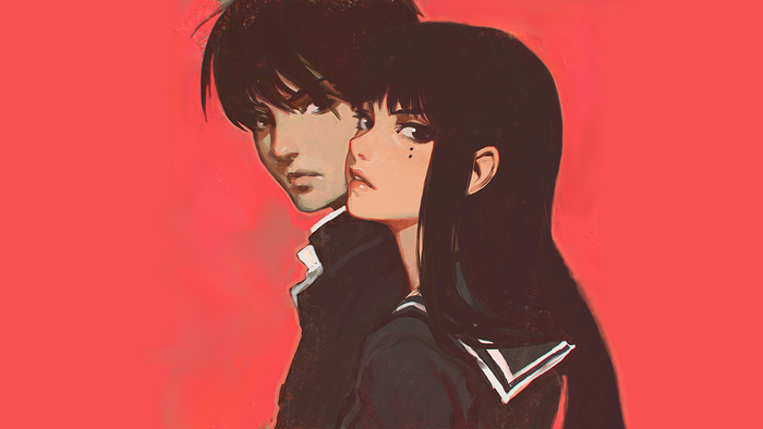 Artwork of a boy and a girl in school uniforms