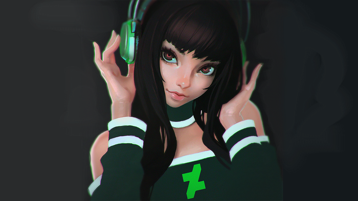 Anime girl with headphones and green logo