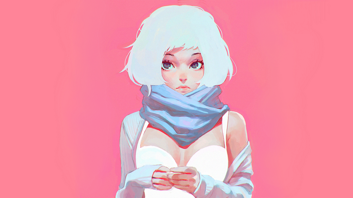 Anime girl with white hair and blue scarf