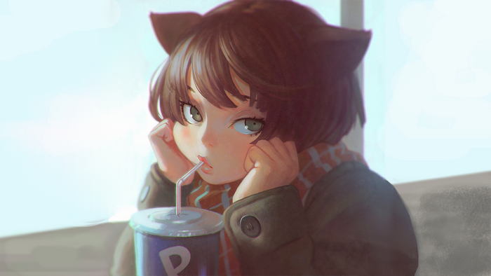 Anime girl with cat ears drinking from a cup