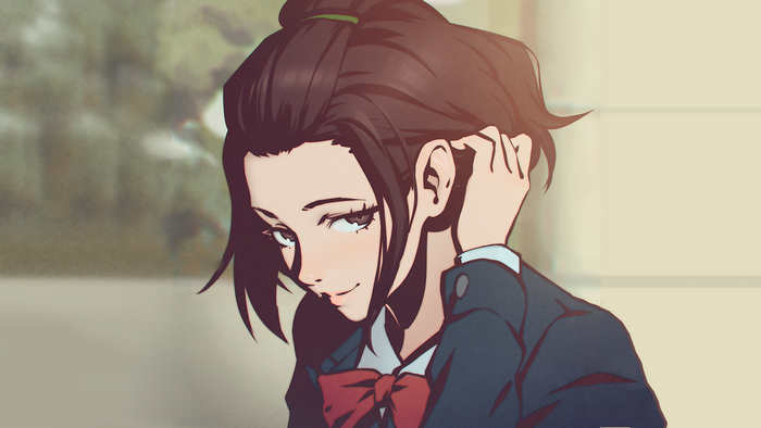Anime girl with dark hair in a school uniform