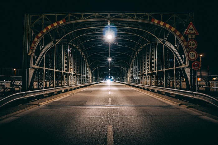 Bridge at night with street lights