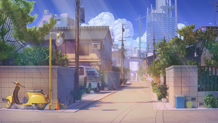 Urban street scene with buildings, clouds, and a yellow Vespa.