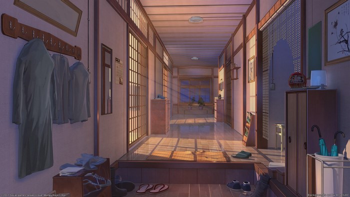 Anime hallway with traditional Japanese architecture and sunset lighting