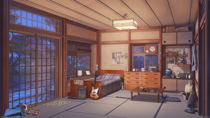 Anime room interior with bed and window