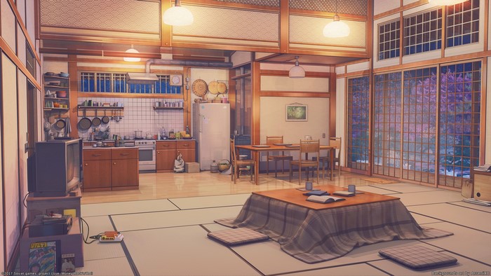 Anime interior of a Japanese house with a kitchen and living room