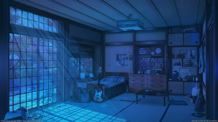 Anime bedroom with large window and cherry blossoms