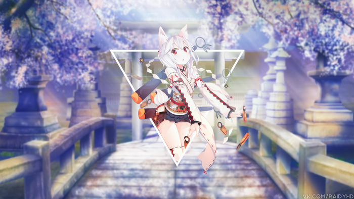 Anime girl with fox ears in traditional Japanese attire
