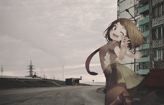 Ochaco Uraraka from Boku no Hero Academia in an industrial city