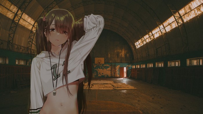 Anime girl in a hoodie in an abandoned gymnasium