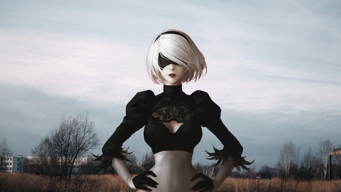 2B from NieR: Automata in a desolate landscape