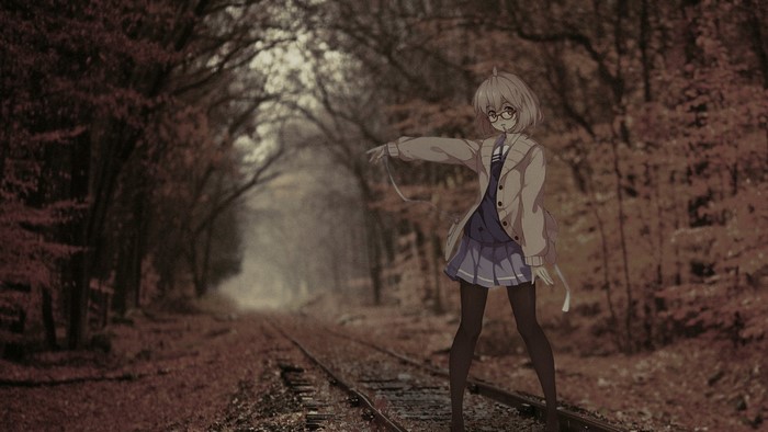 Kuriyama Mirai from Beyond the Boundary on train tracks