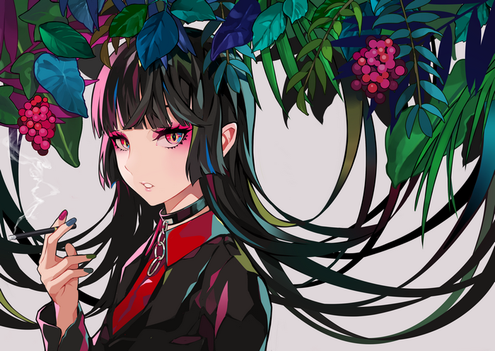 Anime girl with black hair smoking, surrounded by plants